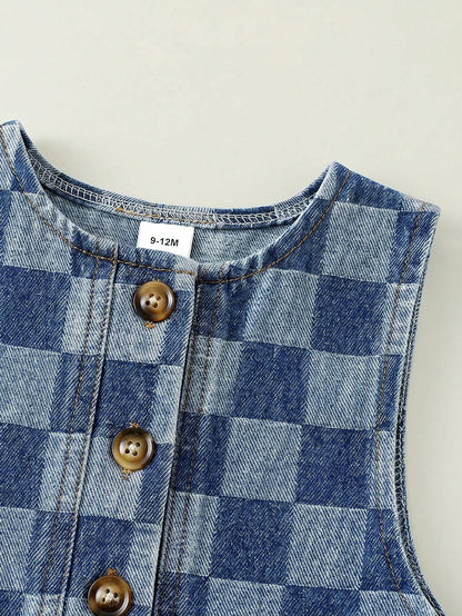 Unisex Newborn Baby Boy/Girl Baby Boy Spring/Summer Casual Cute Checkered Denim Romper