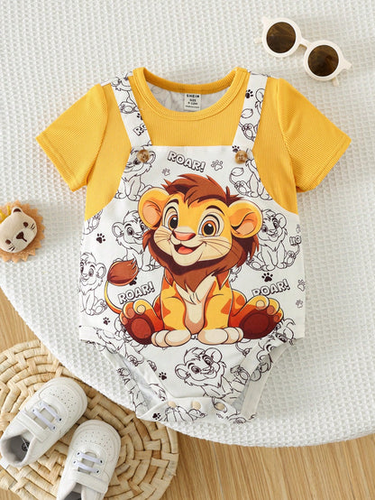 Unisex Newborn Baby Boy/Girl Cute Lion Print 2 In 1 Short Sleeve Romper,Bodysuit,Spring/Summer Cartoon Clothes Animal Safari Outfit