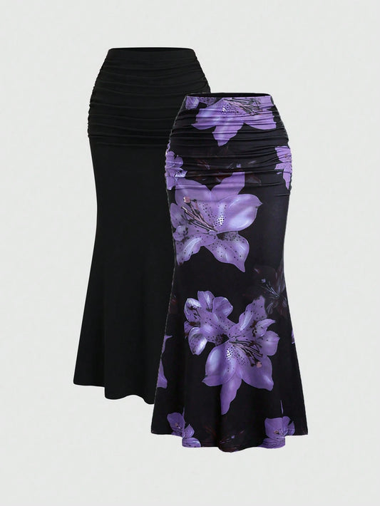 Unity 2pcs Women Elegant Party, Solid Color Fishtail Skirt And Floral Print Skirt Set Fall Cloth For Women