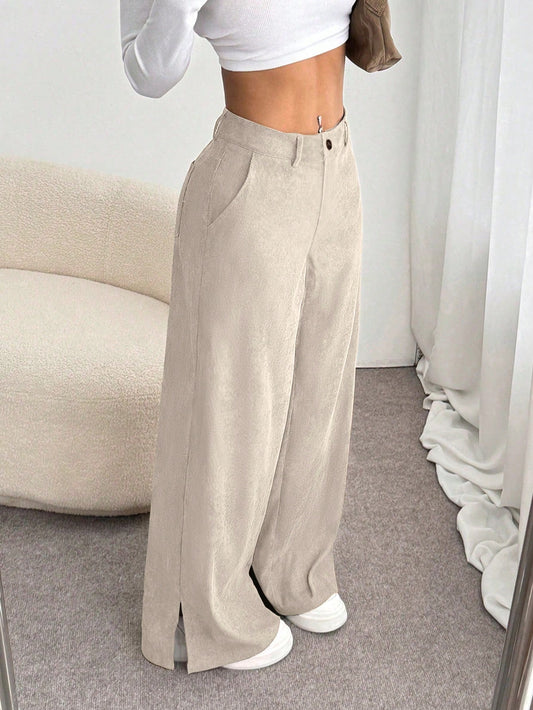 Unity Autumn/Winter Casual Fashionable Corduroy Side Slit Loose Straight Leg Maxi Pants For Women
