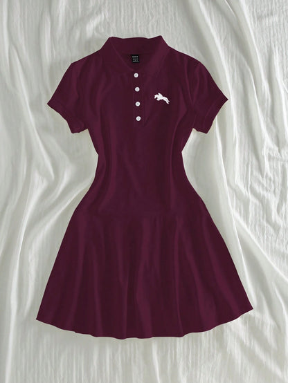 Unity Dark Burgundy Polo Collar Summer Short Sleeve Casual Dress For Women School
