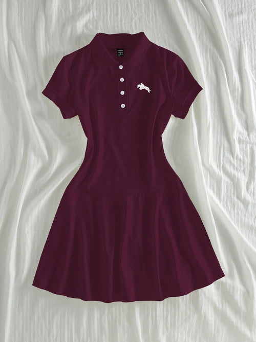 Unity Dark Burgundy Polo Collar Summer Short Sleeve Casual Dress For Women School