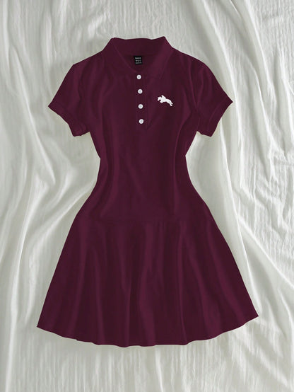 Unity Dark Burgundy Polo Collar Summer Short Sleeve Casual Dress For Women School