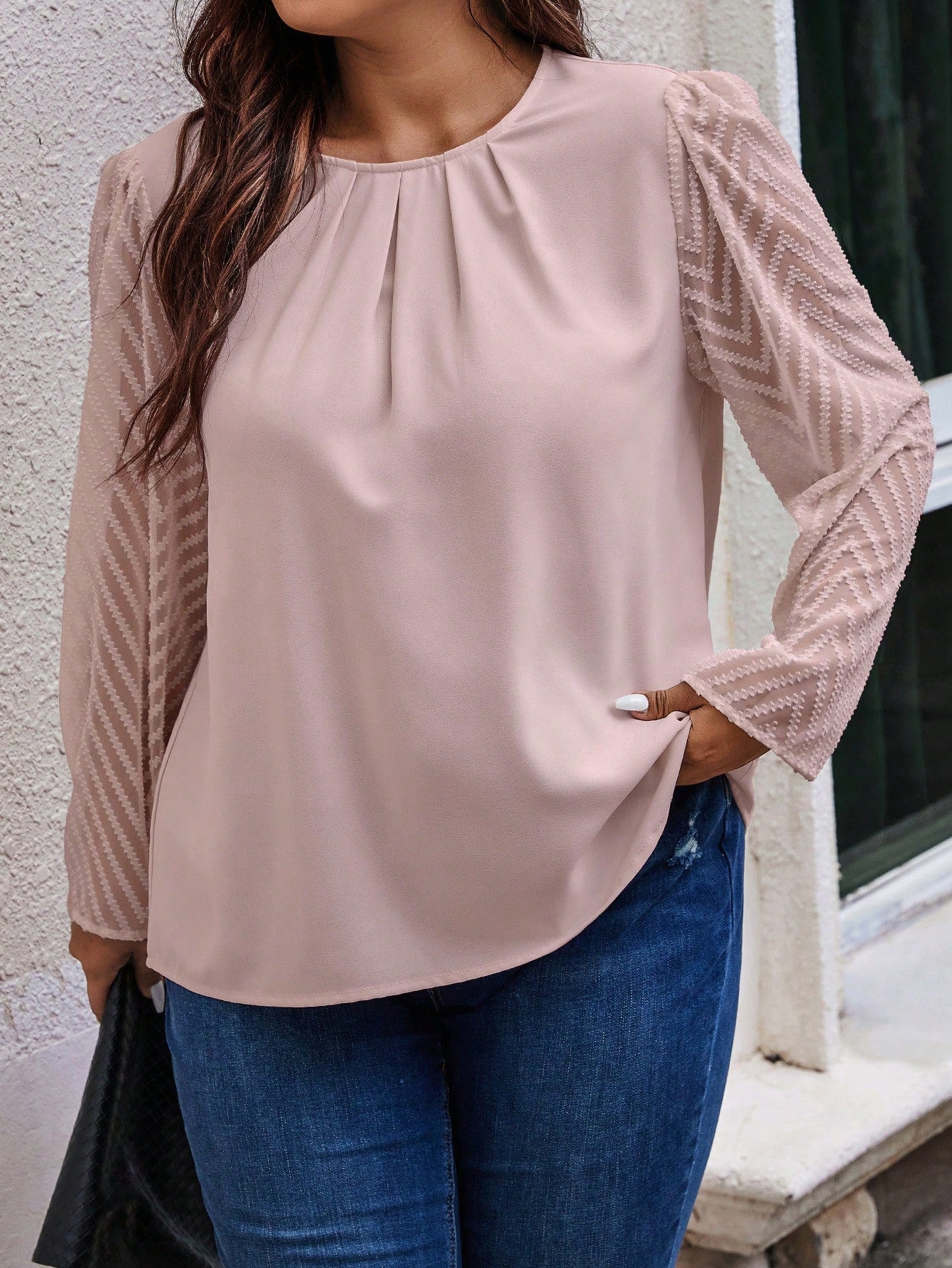 Unity Plus Size Round Neck Jacquard Long Sleeve Blouse Fall Cloth For Women