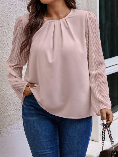 Unity Plus Size Round Neck Jacquard Long Sleeve Blouse Fall Cloth For Women