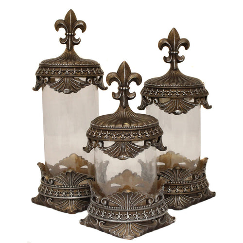 Urban Designs Baroque Bronze Fleur-de-Lis Decorative Glass Canister Set