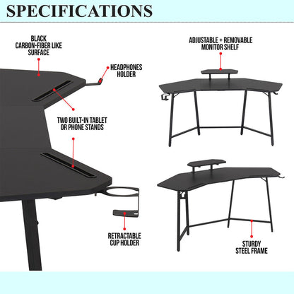 Urban Designs Black Gaming Desk with Accessory Holders and Shelf