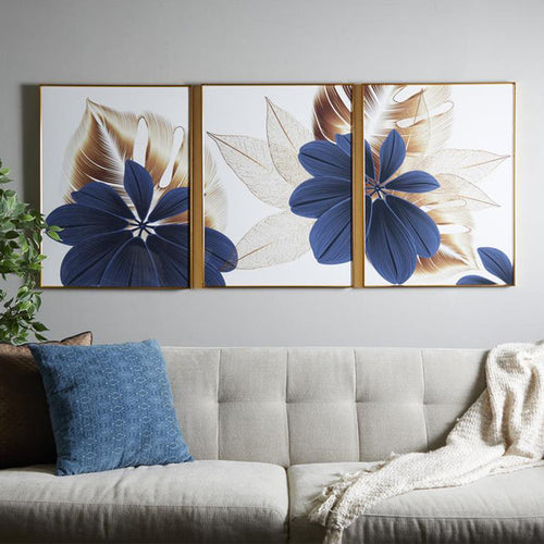 Urban Designs Blue and White Floral & Botanical Inspired Set of 3 Framed Panels 23"W x 32"H Wall Art