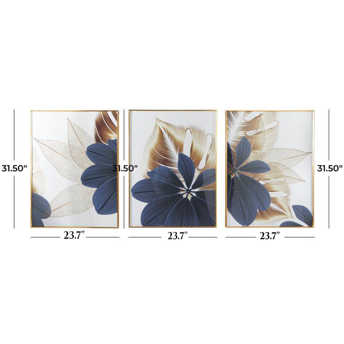 Urban Designs Blue and White Floral & Botanical Inspired Set of 3 Framed Panels 23"W x 32"H Wall Art
