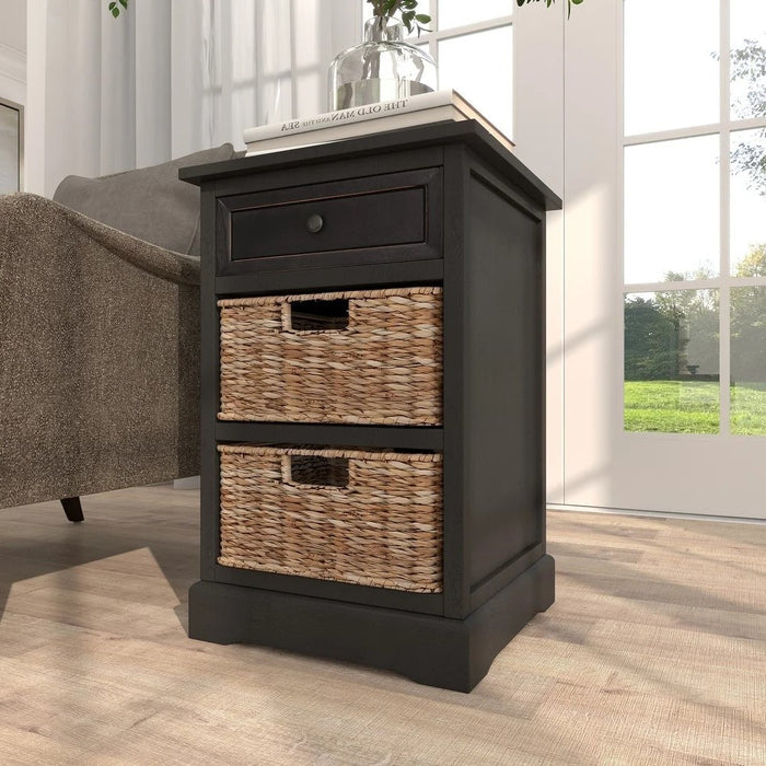 Urban Designs Malibu 3-Drawer Night Stand with Wicker Baskets - Espresso