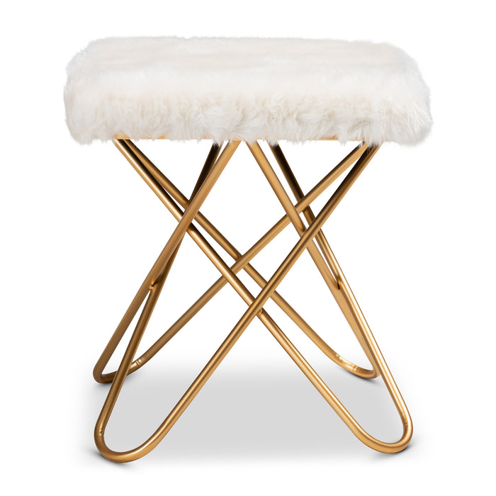 Urban Designs Victorine Faux Fur Upholstered Metal Ottoman - White