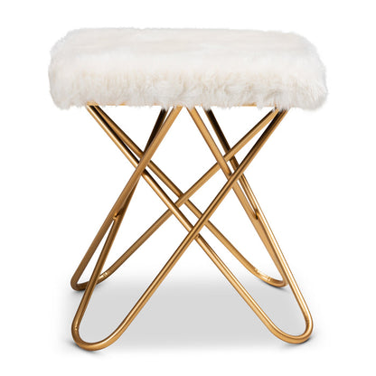 Urban Designs Victorine Faux Fur Upholstered Metal Ottoman - White