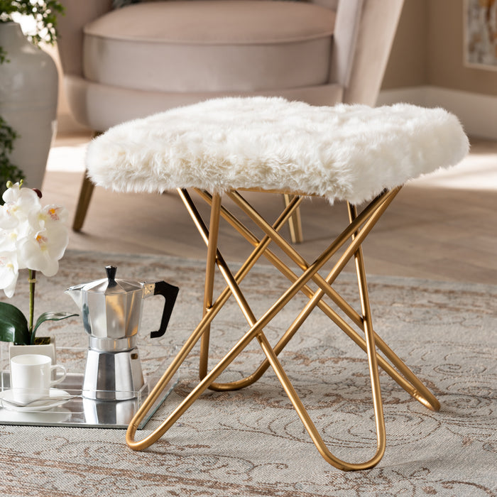 Urban Designs Victorine Faux Fur Upholstered Metal Ottoman - White