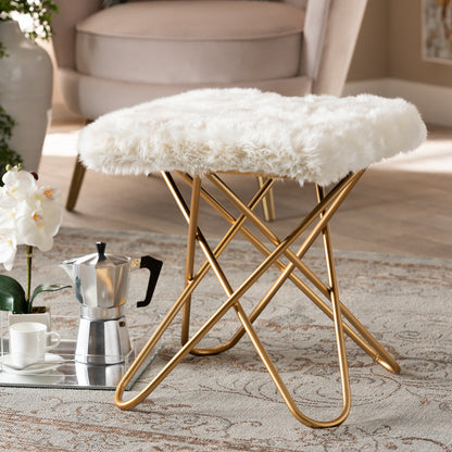 Urban Designs Victorine Faux Fur Upholstered Metal Ottoman - White