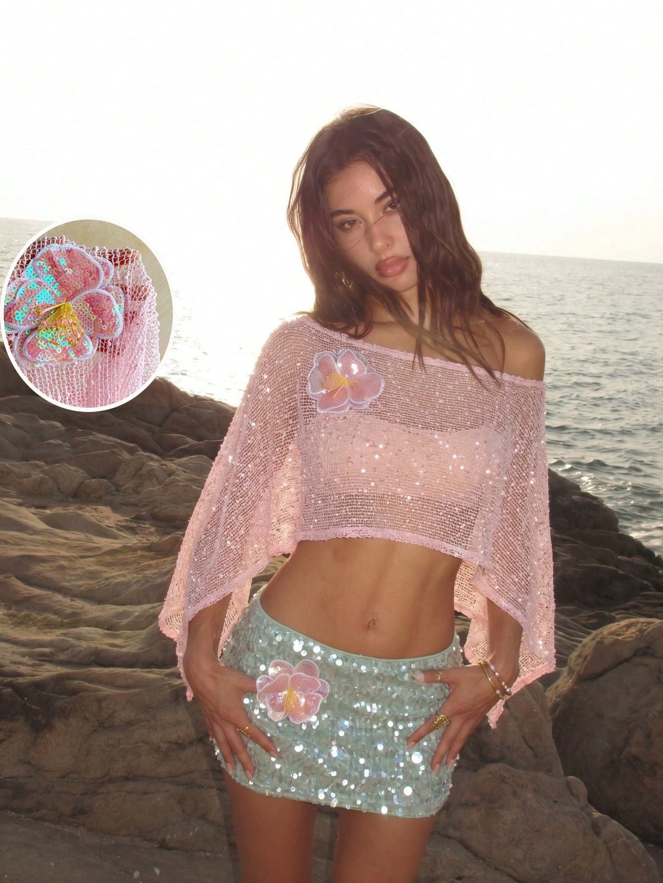 Ure Wave Women's Light Pink Summer 70s Beach Holiday Party 3D Flower Knitted Crochet Off-Shoulder Top, Versatile Hollow Music Festival