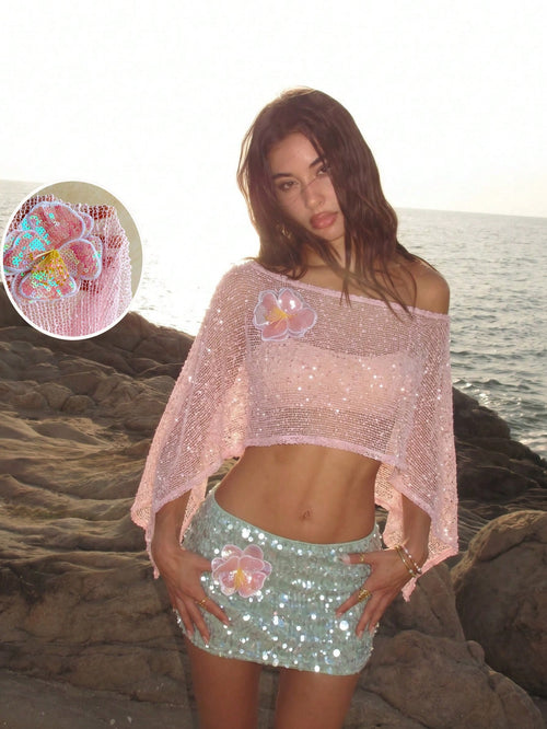 Ure Wave Women's Light Pink Summer 70s Beach Holiday Party 3D Flower Knitted Crochet Off-Shoulder Top, Versatile Hollow Music Festival