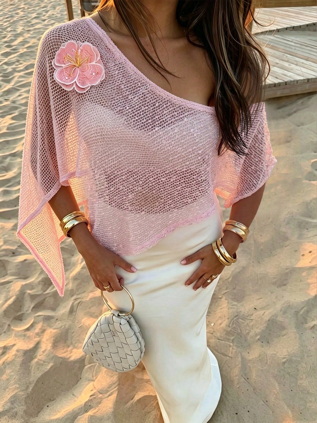 Ure Wave Women's Light Pink Summer 70s Beach Holiday Party 3D Flower Knitted Crochet Off-Shoulder Top, Versatile Hollow Music Festival