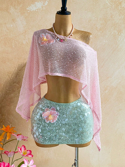 Ure Wave Women's Light Pink Summer 70s Beach Holiday Party 3D Flower Knitted Crochet Off-Shoulder Top, Versatile Hollow Music Festival