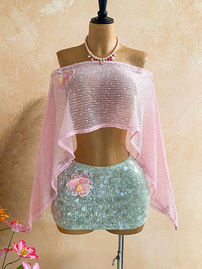 Ure Wave Women's Light Pink Summer 70s Beach Holiday Party 3D Flower Knitted Crochet Off-Shoulder Top, Versatile Hollow Music Festival