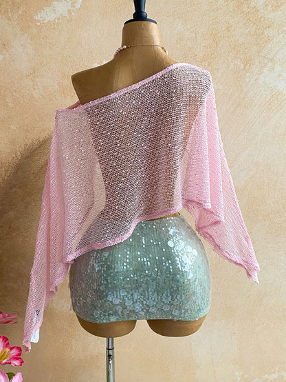 Ure Wave Women's Light Pink Summer 70s Beach Holiday Party 3D Flower Knitted Crochet Off-Shoulder Top, Versatile Hollow Music Festival
