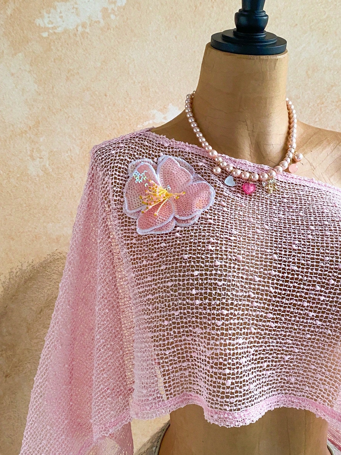 Ure Wave Women's Light Pink Summer 70s Beach Holiday Party 3D Flower Knitted Crochet Off-Shoulder Top, Versatile Hollow Music Festival