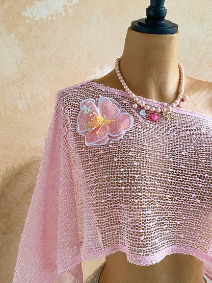 Ure Wave Women's Light Pink Summer 70s Beach Holiday Party 3D Flower Knitted Crochet Off-Shoulder Top, Versatile Hollow Music Festival