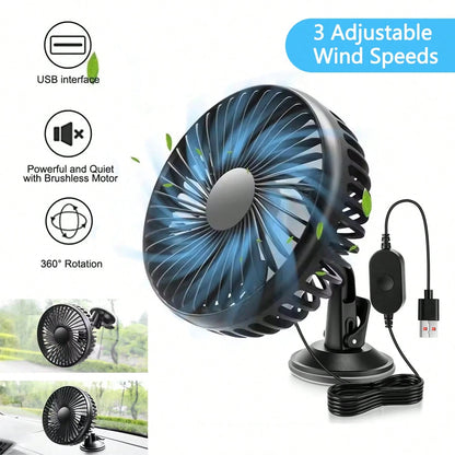 USB Car Fan 3-Speed Adjustable, Car Ventilation Cooling Fan With Suction Cup, 360° Rotatable, Small Electric Fan, Quiet Brushless Motor, Ventilation Fan Suitable For Cars, RVs, Off-Road Vehicles, Boat