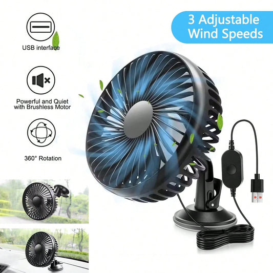 USB Car Fan 3-Speed Adjustable, Car Ventilation Cooling Fan With Suction Cup, 360° Rotatable, Small Electric Fan, Quiet Brushless Motor, Ventilation Fan Suitable For Cars, RVs, Off-Road Vehicles, Boat