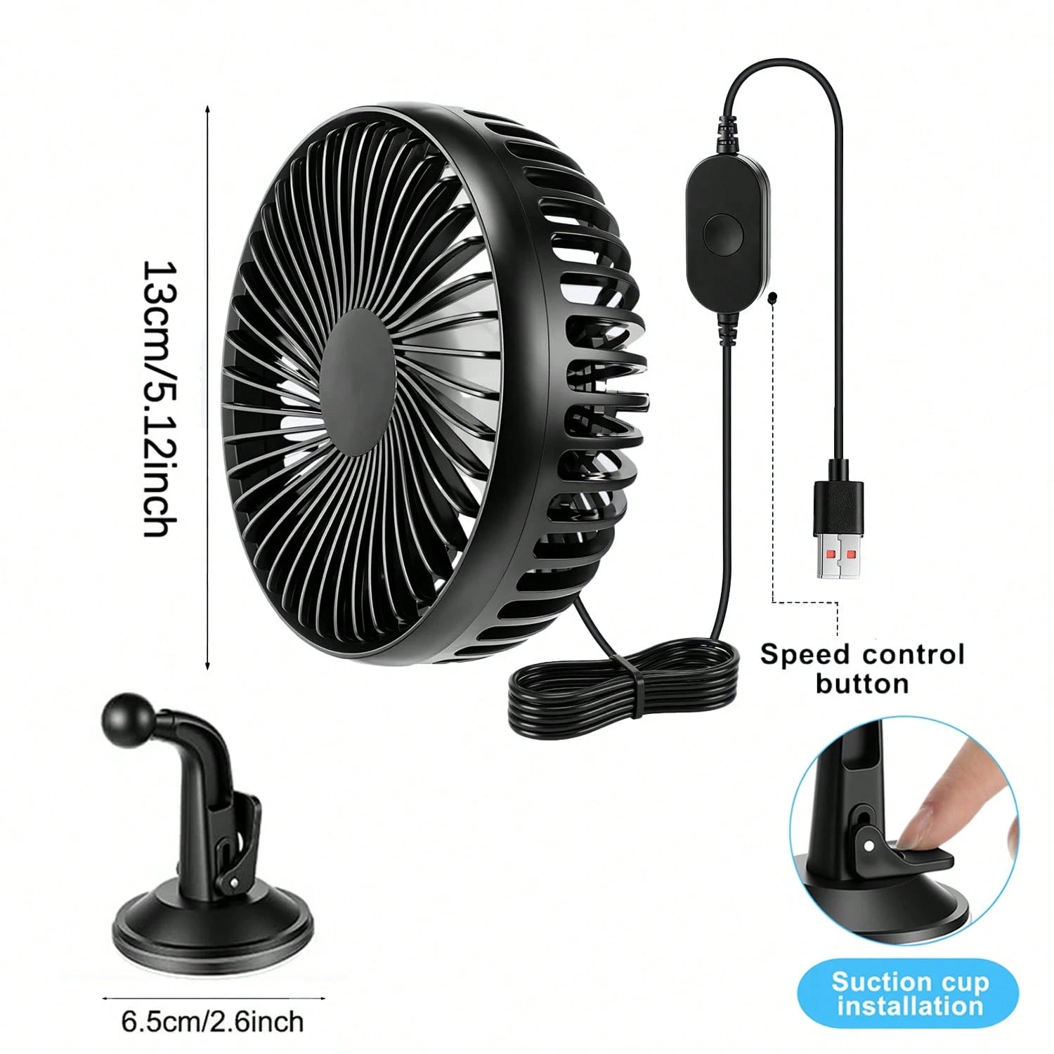 USB Car Fan 3-Speed Adjustable, Car Ventilation Cooling Fan With Suction Cup, 360° Rotatable, Small Electric Fan, Quiet Brushless Motor, Ventilation Fan Suitable For Cars, RVs, Off-Road Vehicles, Boat