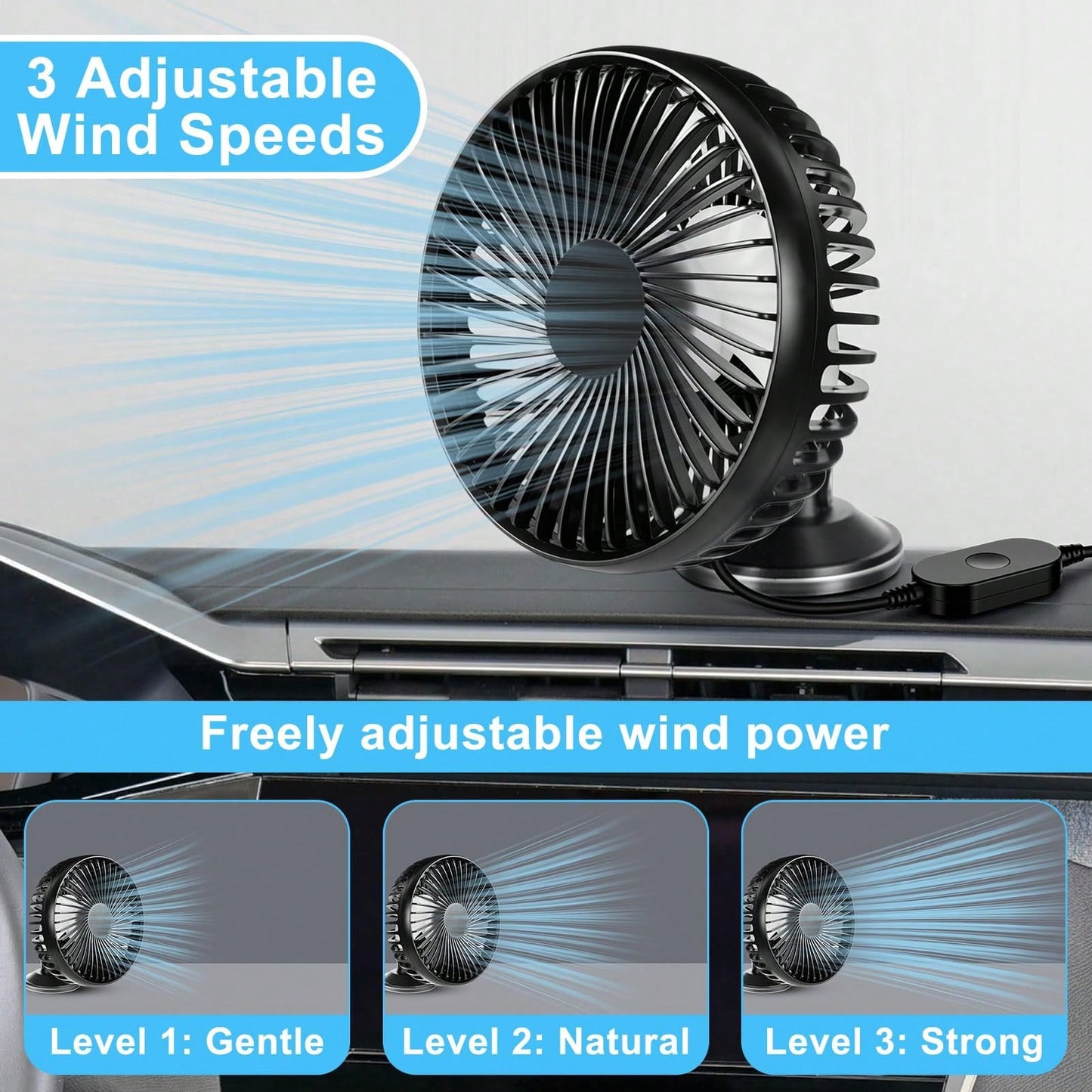 USB Car Fan 3-Speed Adjustable, Car Ventilation Cooling Fan With Suction Cup, 360° Rotatable, Small Electric Fan, Quiet Brushless Motor, Ventilation Fan Suitable For Cars, RVs, Off-Road Vehicles, Boat