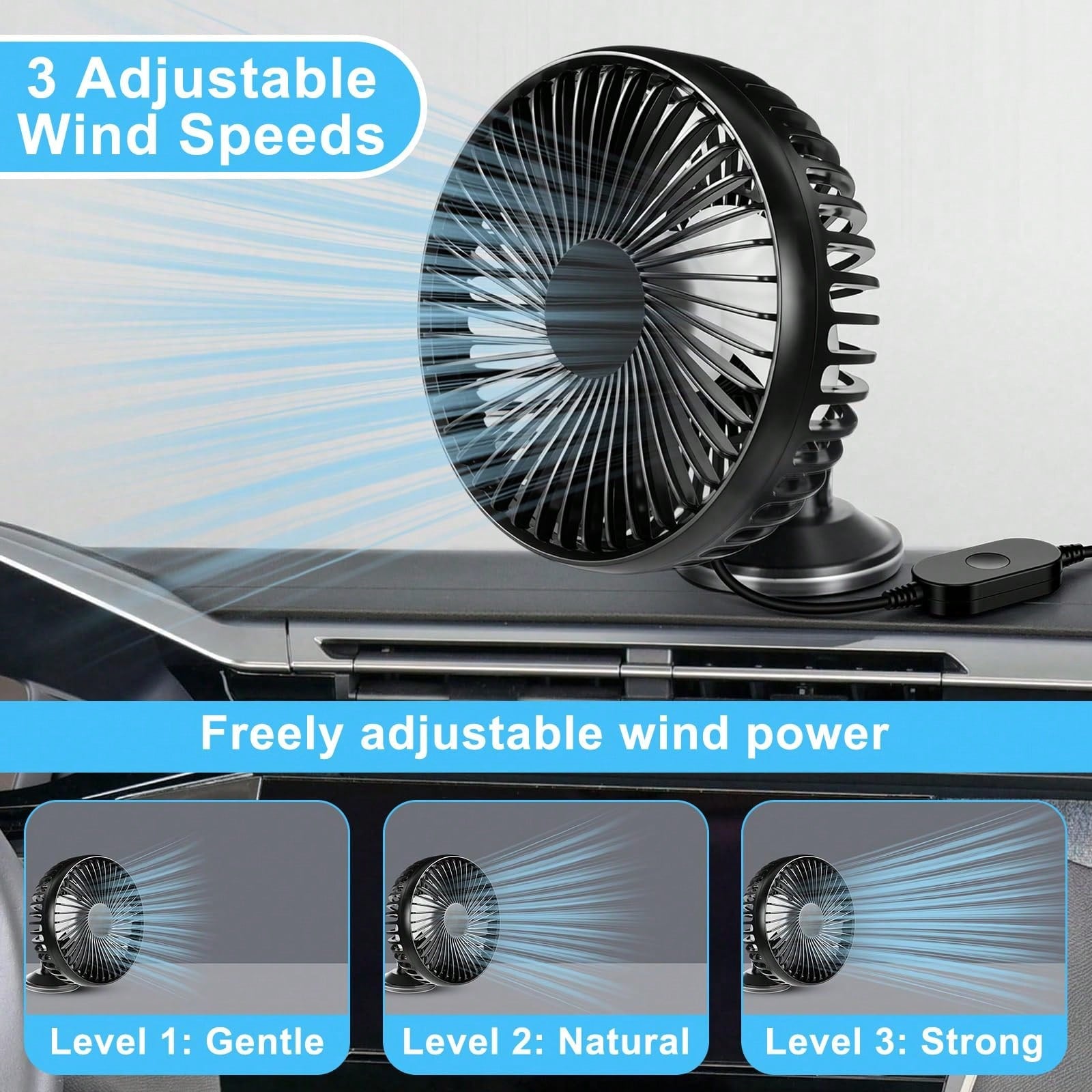USB Car Fan 3-Speed Adjustable, Car Ventilation Cooling Fan With Suction Cup, 360° Rotatable, Small Electric Fan, Quiet Brushless Motor, Ventilation Fan Suitable For Cars, RVs, Off-Road Vehicles, Boat