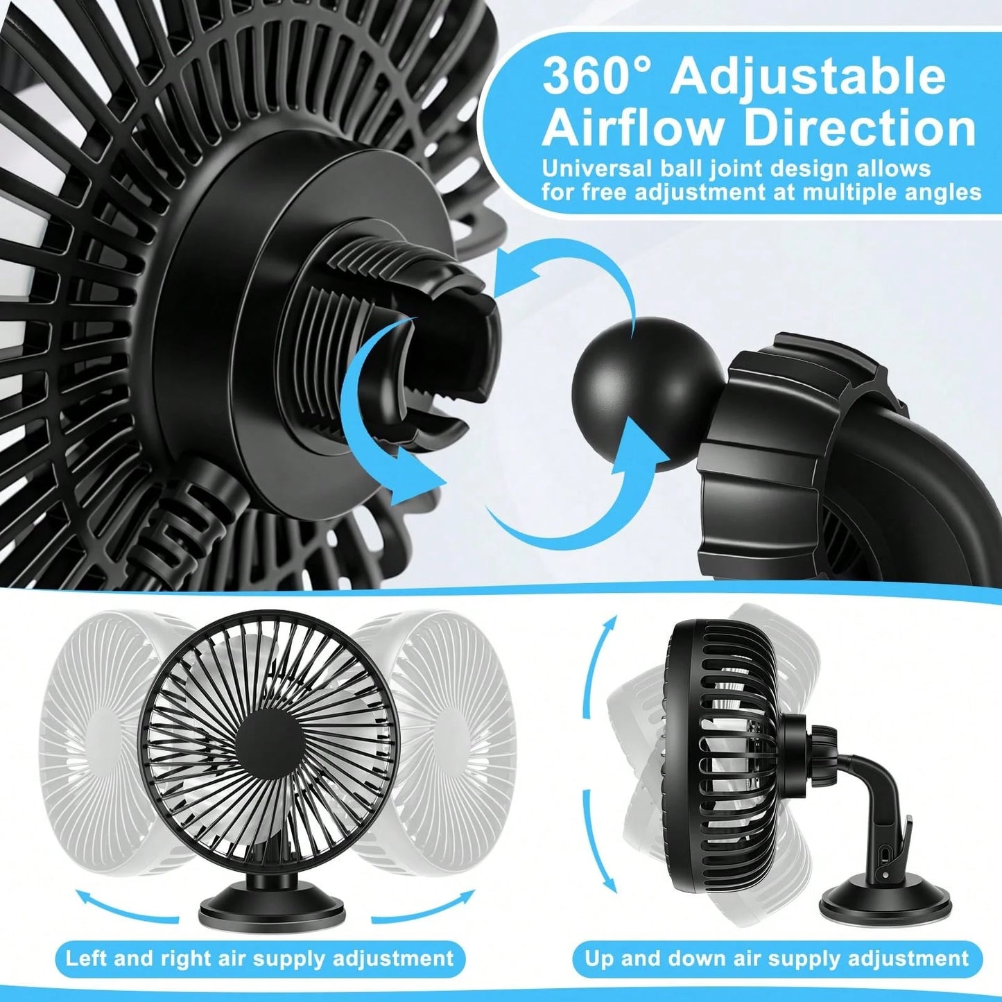 USB Car Fan 3-Speed Adjustable, Car Ventilation Cooling Fan With Suction Cup, 360° Rotatable, Small Electric Fan, Quiet Brushless Motor, Ventilation Fan Suitable For Cars, RVs, Off-Road Vehicles, Boat