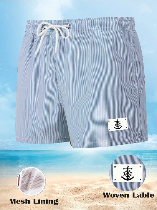 Vacation Outfit Men's Slim-Fit Striped Beach Shorts, 2-In-1 With Inner Mesh Lining, Adjustable Waistband, Pocket For Easy Wear, Ideal For Beach Vacati