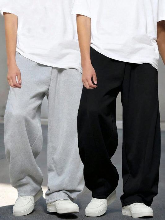 Vacaura 2pcs Young Boy Casual Minimalist Sweatpants, Comfortable Sports Pants In Black And Gray, Suitable For Spring, Autumn, Winter, School, Outdoor