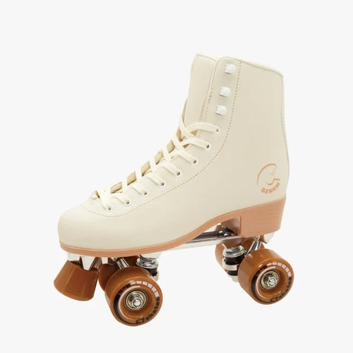 Beige roller skate with brown wheels on a white background