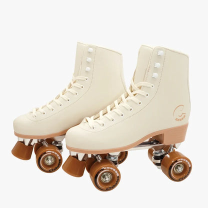 Pair of cream-colored roller skates with brown wheels on a white background