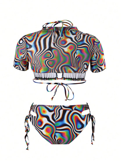 Vaytide Women's Zebra Print Halter Neck Swimwear Set, Bikini Set Outfit Beach Bikini Set Bathing Suit Music Festival Summer Beach
