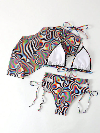Vaytide Women's Zebra Print Halter Neck Swimwear Set, Bikini Set Outfit Beach Bikini Set Bathing Suit Music Festival Summer Beach
