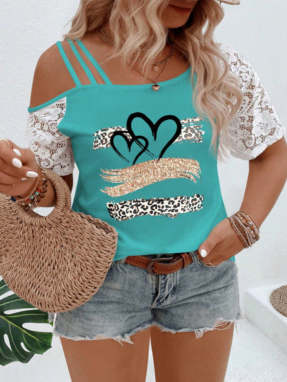 VCAY CURVE Plus Size Asymmetrical Neckline Lace Short Sleeve Leopard & Heart Print Casual T-Shirt, Spring/Summer