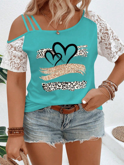 VCAY CURVE Plus Size Asymmetrical Neckline Lace Short Sleeve Leopard & Heart Print Casual T-Shirt, Spring/Summer