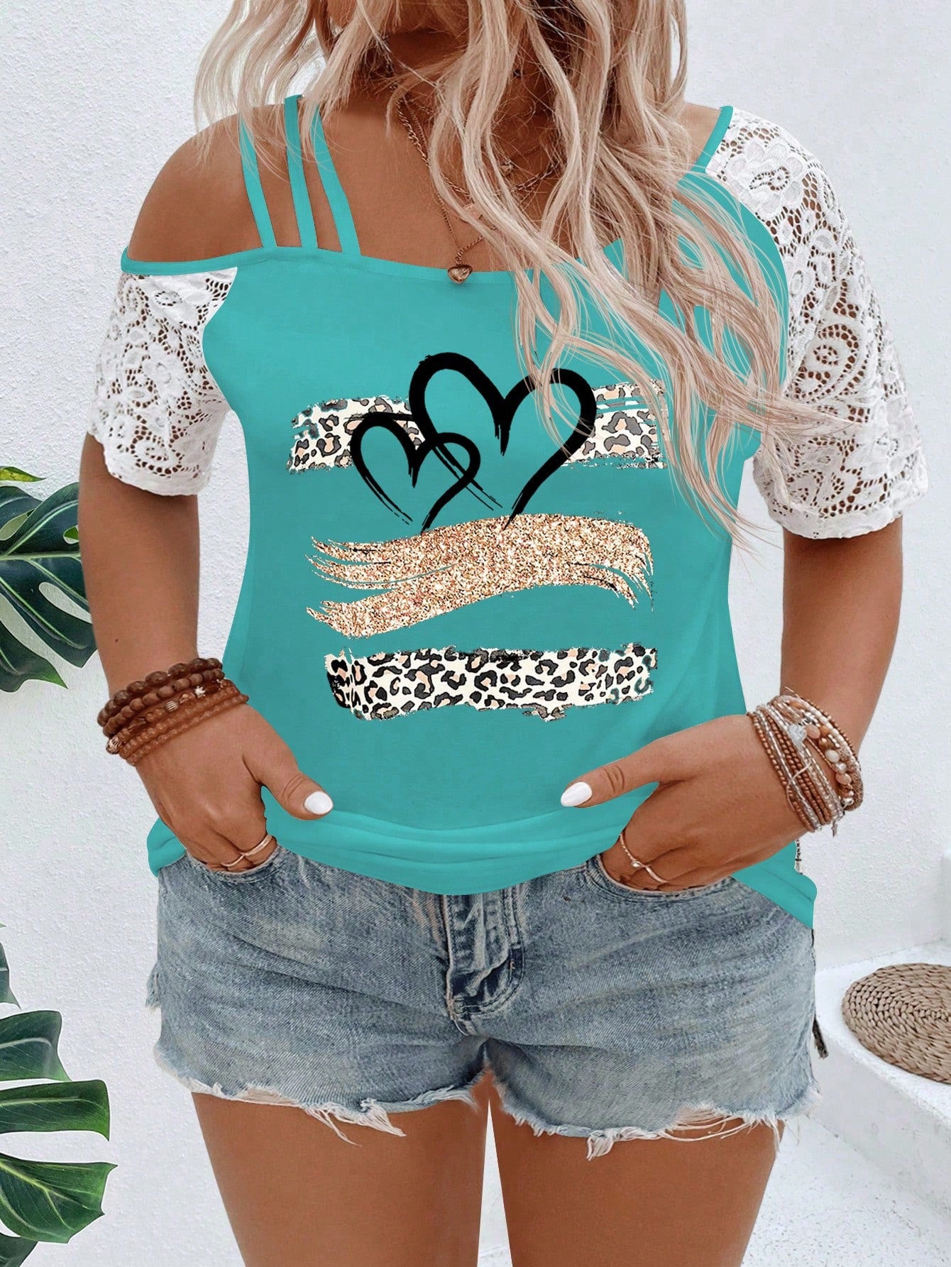 VCAY CURVE Plus Size Asymmetrical Neckline Lace Short Sleeve Leopard & Heart Print Casual T-Shirt, Spring/Summer