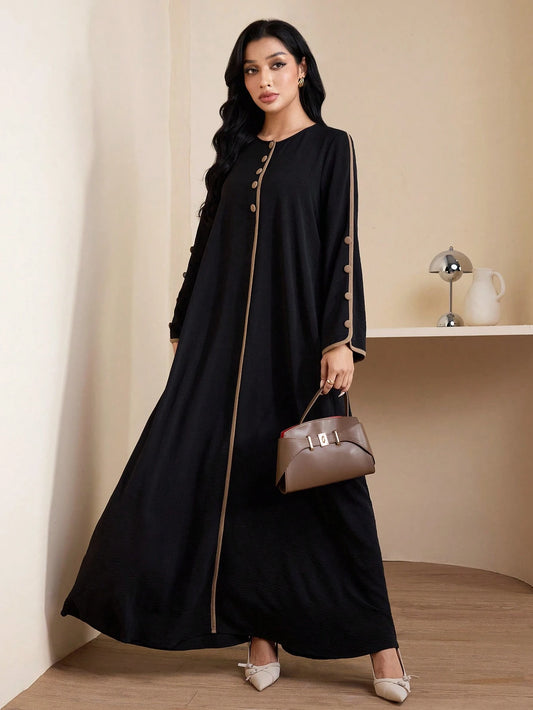 Veilorie Women's Casual Arabic Style Long Sleeve Round Neck Button Design Dress