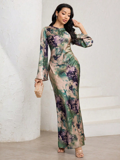 Veilorie Women's Elegant Mature Sage Green Tie Dye Print Flared Long Sleeve Mermaid Hem Wedding Guest Dinner Dress Autumn Tea Party Birthday Outfits