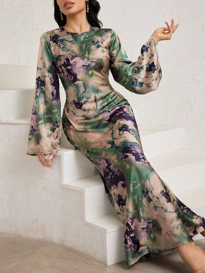 Veilorie Women's Elegant Mature Sage Green Tie Dye Print Flared Long Sleeve Mermaid Hem Wedding Guest Dinner Dress Autumn Tea Party Birthday Outfits