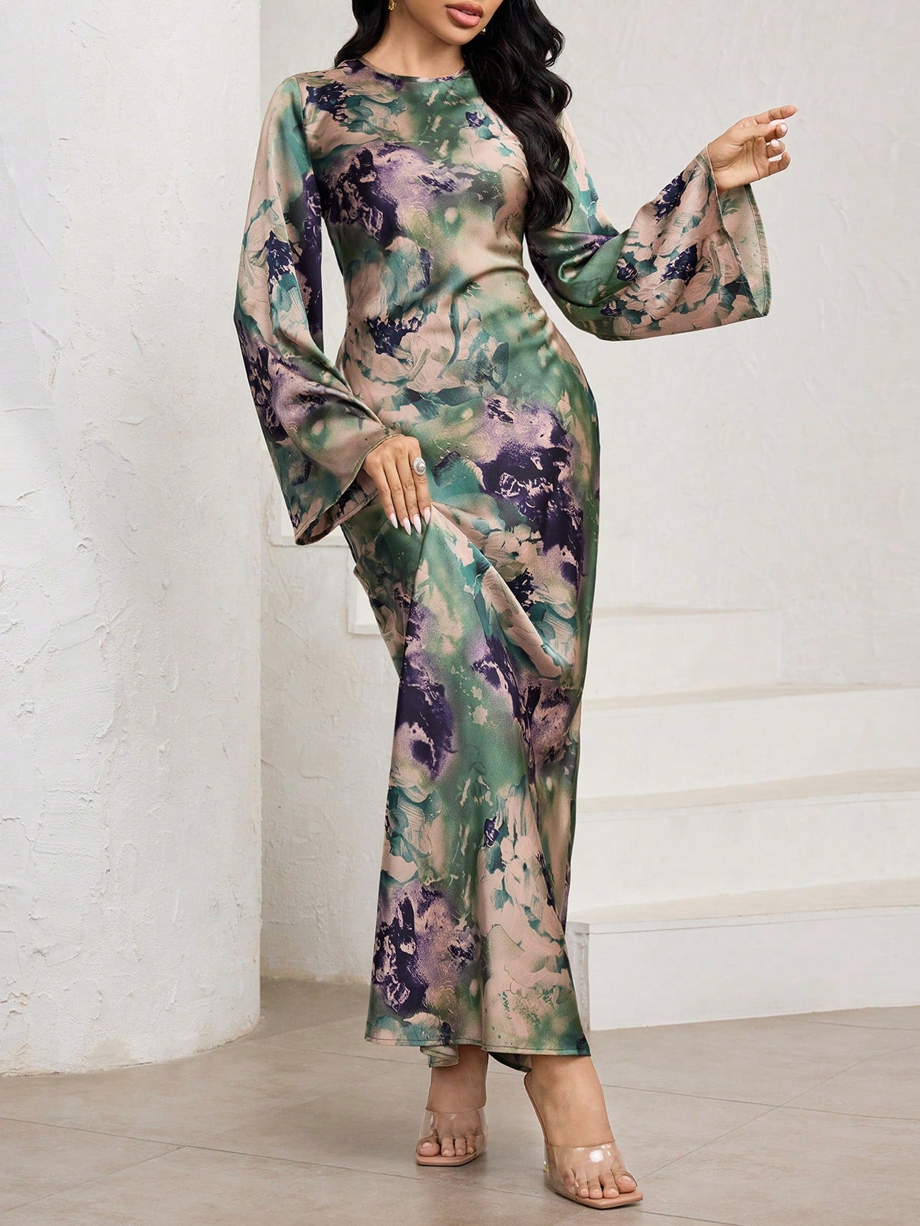 Veilorie Women's Elegant Mature Sage Green Tie Dye Print Flared Long Sleeve Mermaid Hem Wedding Guest Dinner Dress Autumn Tea Party Birthday Outfits