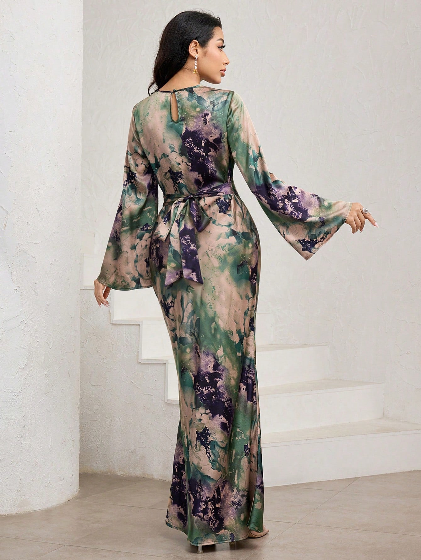 Veilorie Women's Elegant Mature Sage Green Tie Dye Print Flared Long Sleeve Mermaid Hem Wedding Guest Dinner Dress Autumn Tea Party Birthday Outfits