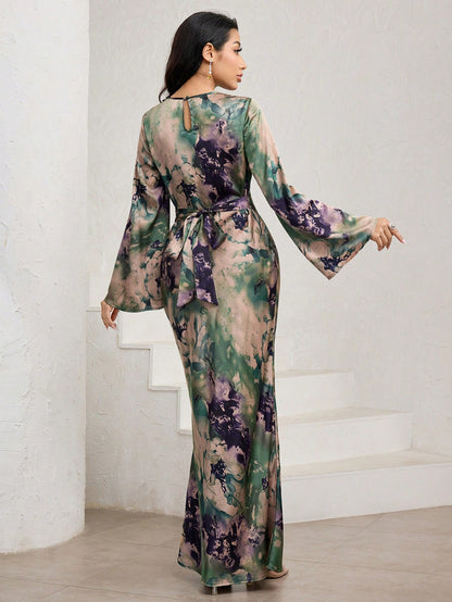 Veilorie Women's Elegant Mature Sage Green Tie Dye Print Flared Long Sleeve Mermaid Hem Wedding Guest Dinner Dress Autumn Tea Party Birthday Outfits