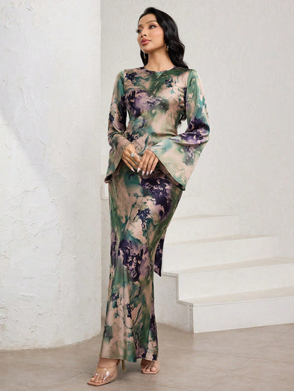 Veilorie Women's Elegant Mature Sage Green Tie Dye Print Flared Long Sleeve Mermaid Hem Wedding Guest Dinner Dress Autumn Tea Party Birthday Outfits
