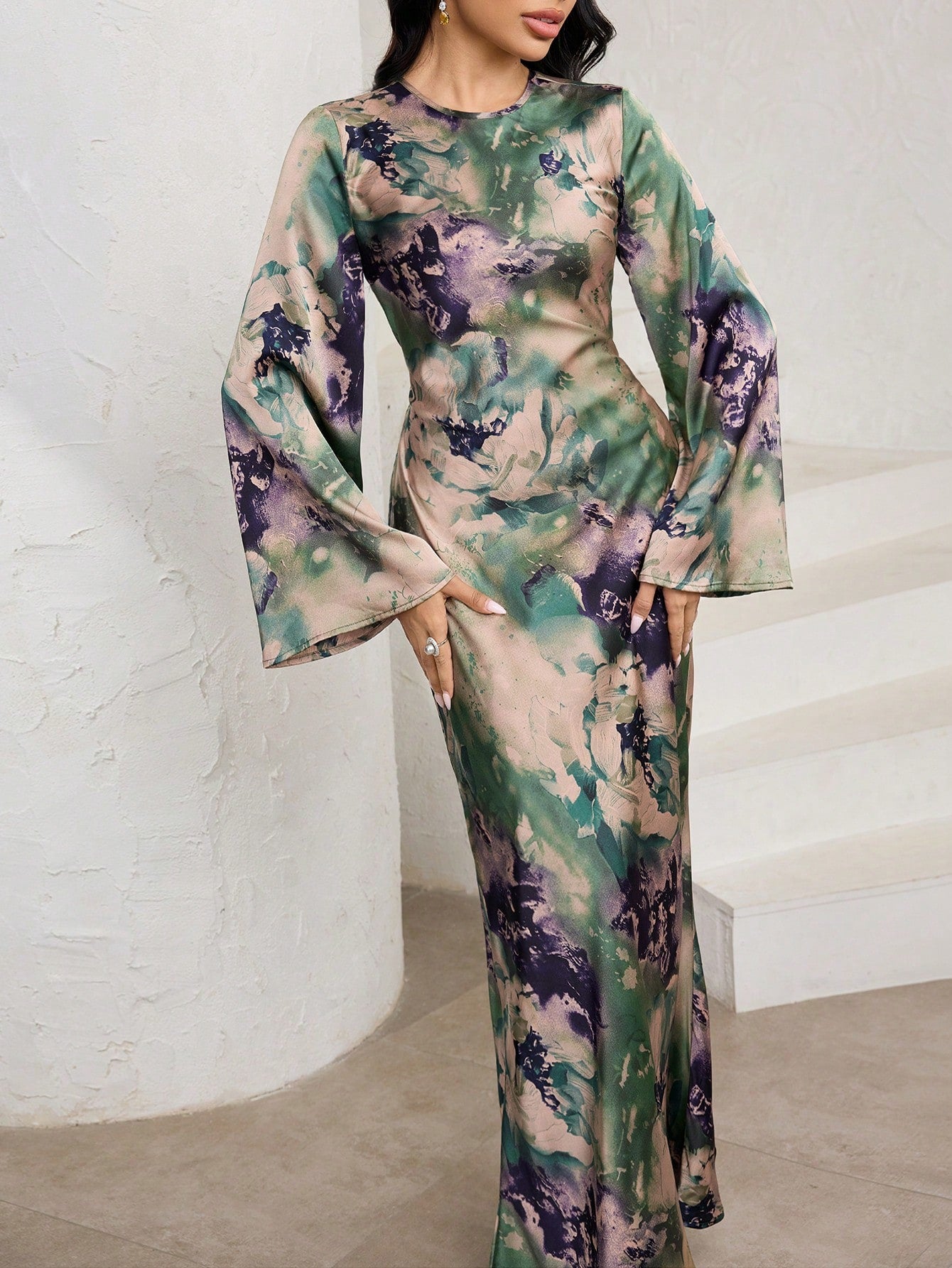 Veilorie Women's Elegant Mature Sage Green Tie Dye Print Flared Long Sleeve Mermaid Hem Wedding Guest Dinner Dress Autumn Tea Party Birthday Outfits