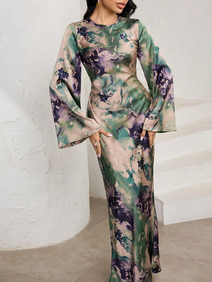 Veilorie Women's Elegant Mature Sage Green Tie Dye Print Flared Long Sleeve Mermaid Hem Wedding Guest Dinner Dress Autumn Tea Party Birthday Outfits